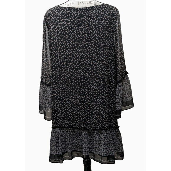 Max Studio Dress L Black Print Scoop  Flared Sleeve Tiered Bohemian Peasant Nice - Picture 4 of 16
